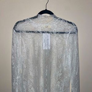 Size Large white lace see through high neck shirt by brand Jade by Jane